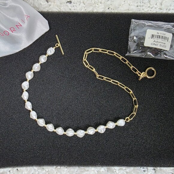 Adornia Tarnish Resistant 14k Gold Pl. Pearl & Paper Clip Chain Toggle Necklace - Picture 4 of 5